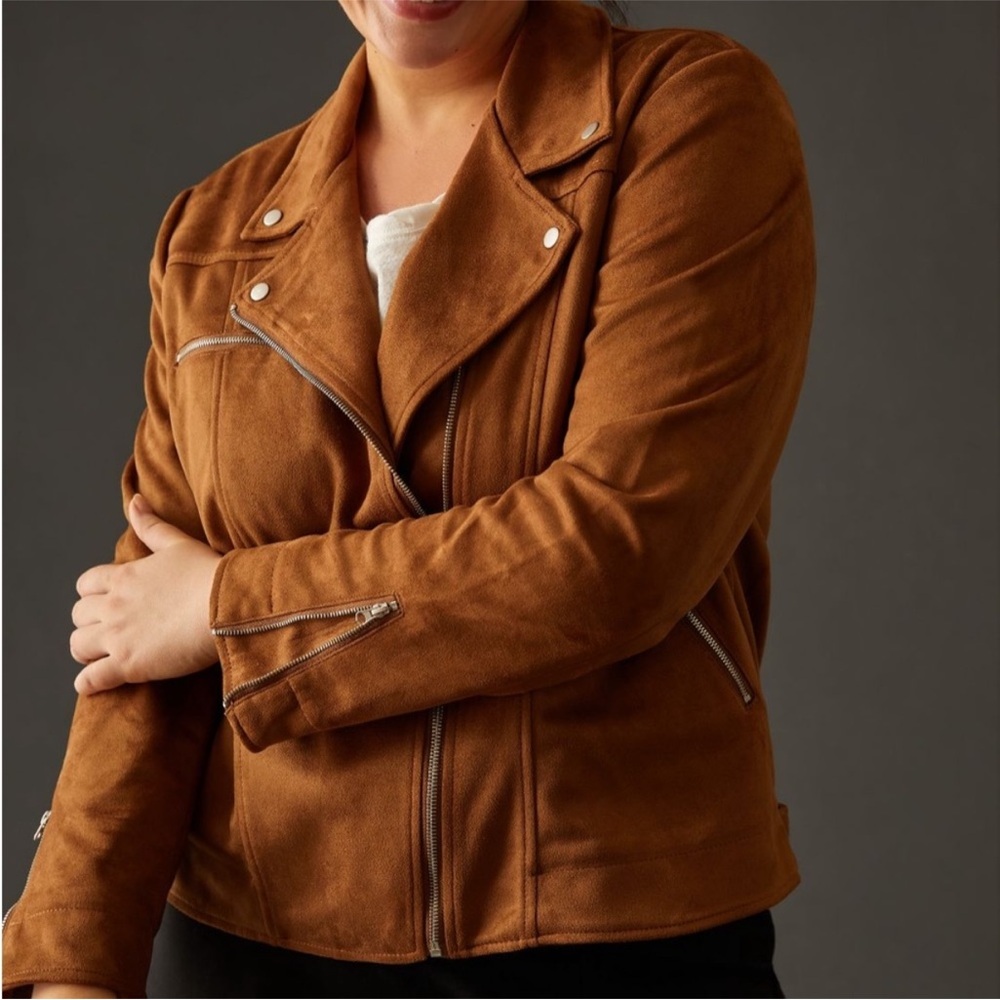 Anthropologie | Faux Suede Moto Jacket Brown Cropped Biker Size XXS